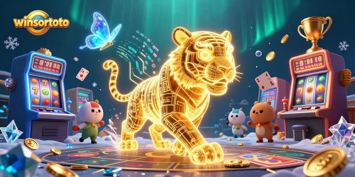 Experience dynamic winsortoto action with a neon-golden tiger in a vibrant casino scene.