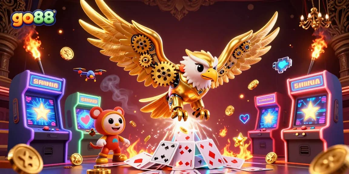 Experience go88’s exciting gaming adventure with a vibrant 3D illustration showcasing dynamic casino elements and characters.