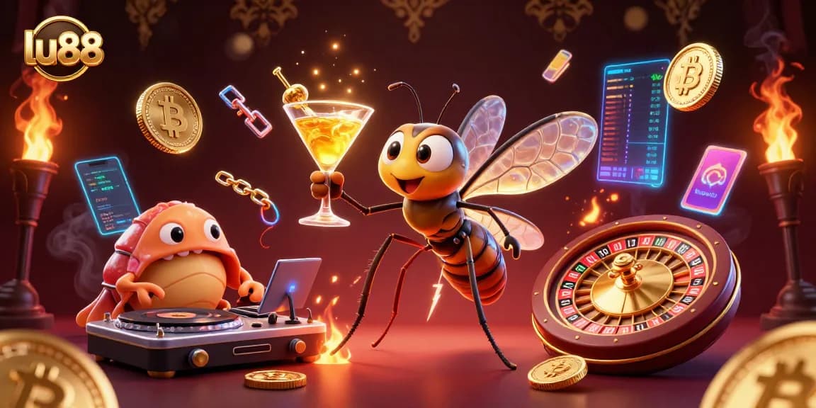 Join the excitement of lu88 with vibrant casino elements and crypto treasures in a dynamic 3D illustration.