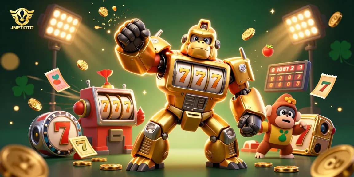JNETOTO memperlihatkan gorila emas transformer terbuat dari bagian mesin slot, menghadirkan keseruan kasino.