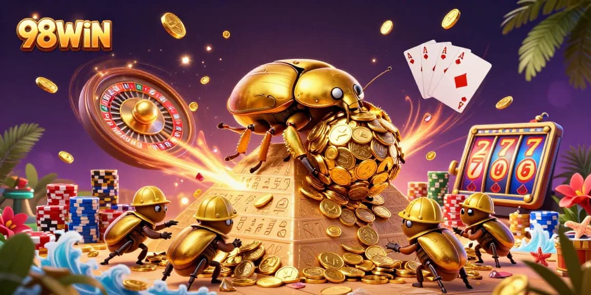 Engage with engaging gameplay on 98WIN, featuring a dynamic golden dung beetle illustration.