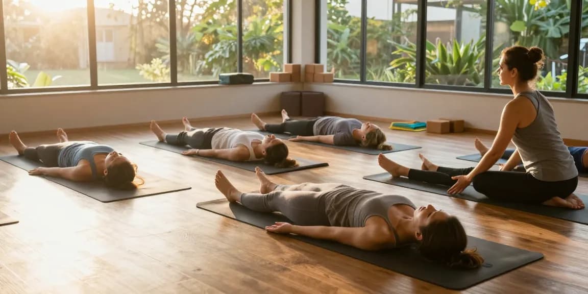 Yoga instructor certification india class in serene studio with students practicing asanas