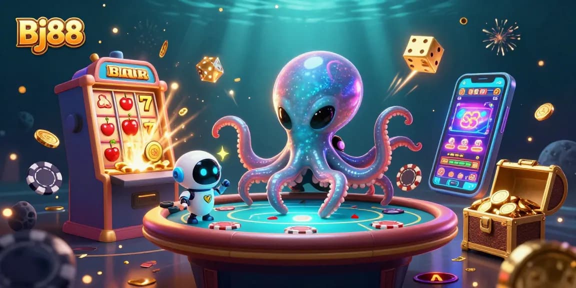Bj88 offers a unique experience with an alien octopus at a holographic poker table amidst vibrant casino elements and a jackpot explosion.
