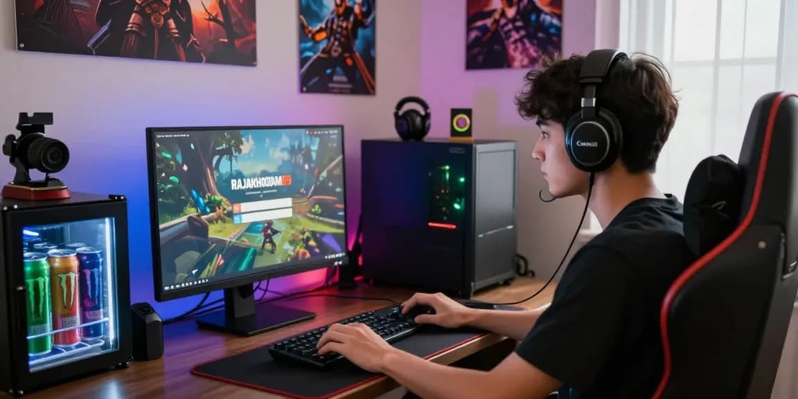 Engaged user at rajakhodam89 login screen in vibrant gaming setup.