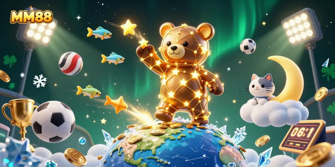 Engage with MM88's dynamic betting universe, featuring a constellation bear, sports balls, and shimmering coins.