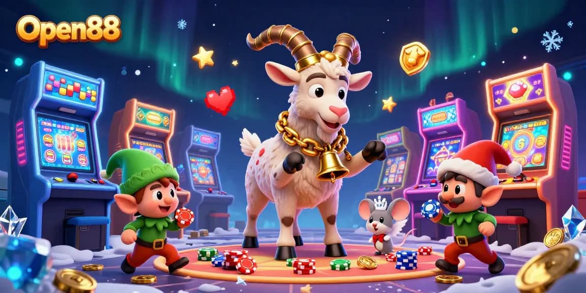 Open88 Casino Scene with Krampus, angel mouse, and elf gremlins amidst vibrant gaming elements