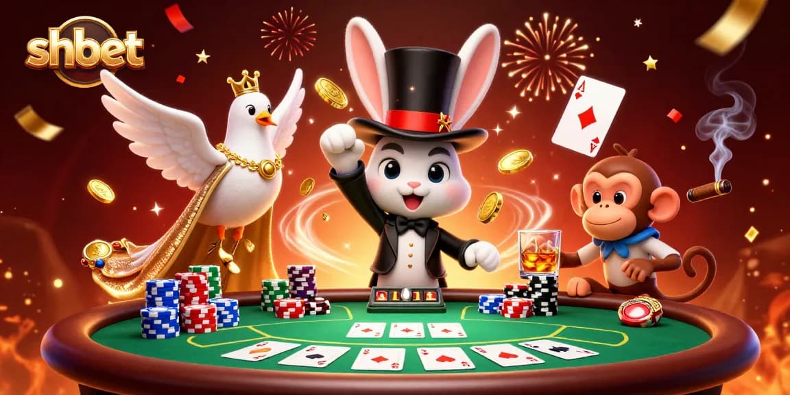 Experience thrilling moments at shbet casino with a magician pulling coins and a monkey stealing poker chips.