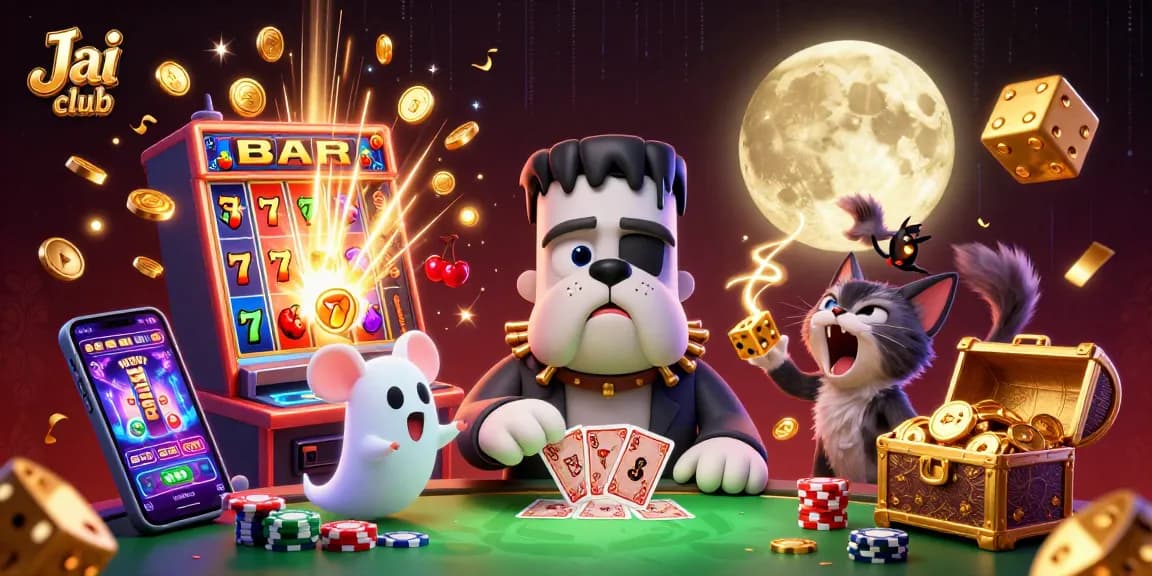 Bet on thrilling games at Jai club with a lively scene featuring a monster dealer and festive casino elements.