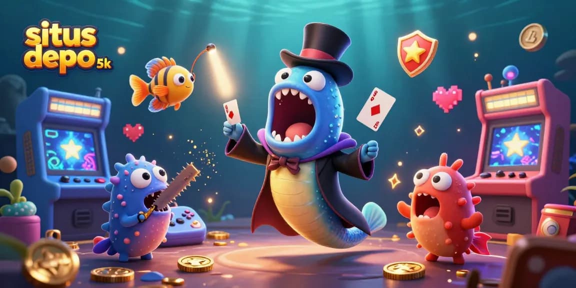 Situs depo 5k showcases an eel magician performing card tricks surrounded by dynamic gaming elements.