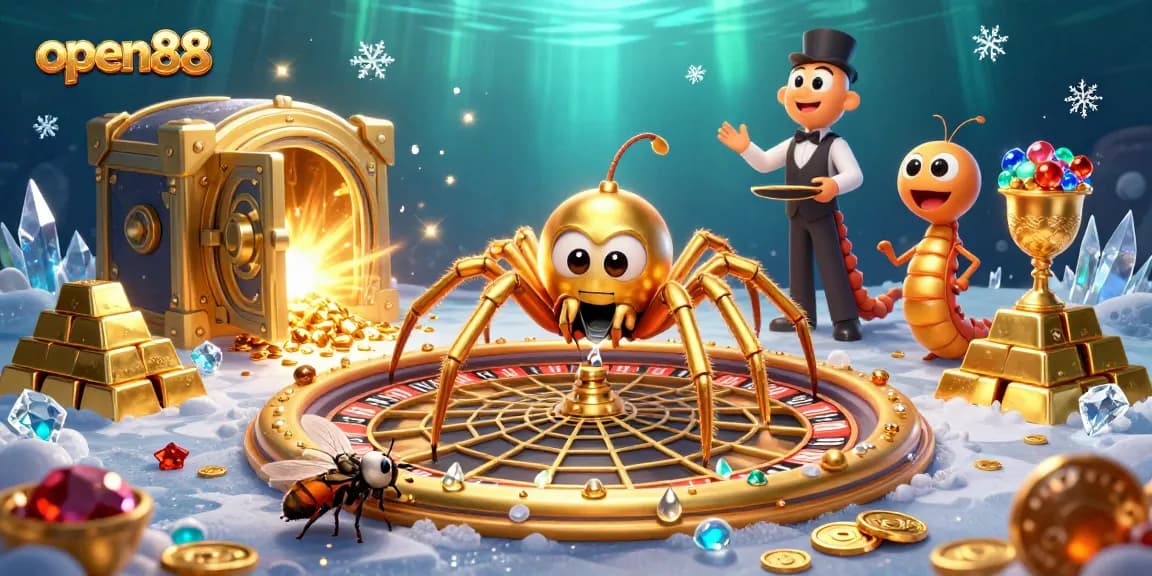 Experience the thrill of open88 with a unique golden web roulette scene, vibrant jewels, and engaging characters.