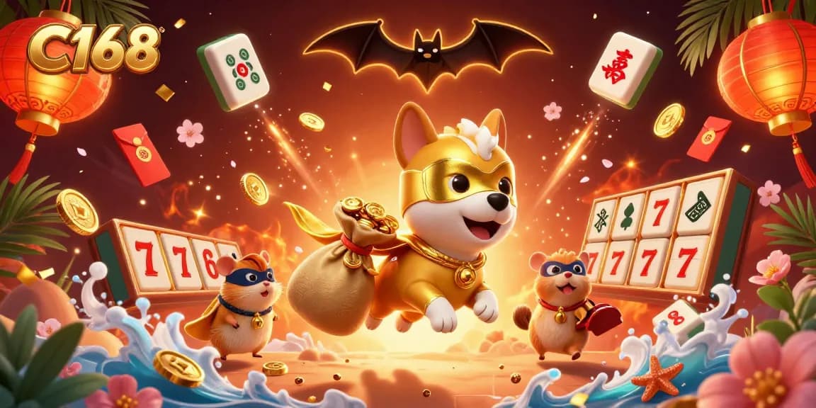 C168 captivates players with a vibrant, dynamic casino scene featuring a superhero dog, lucky charms, and festive decorations.
