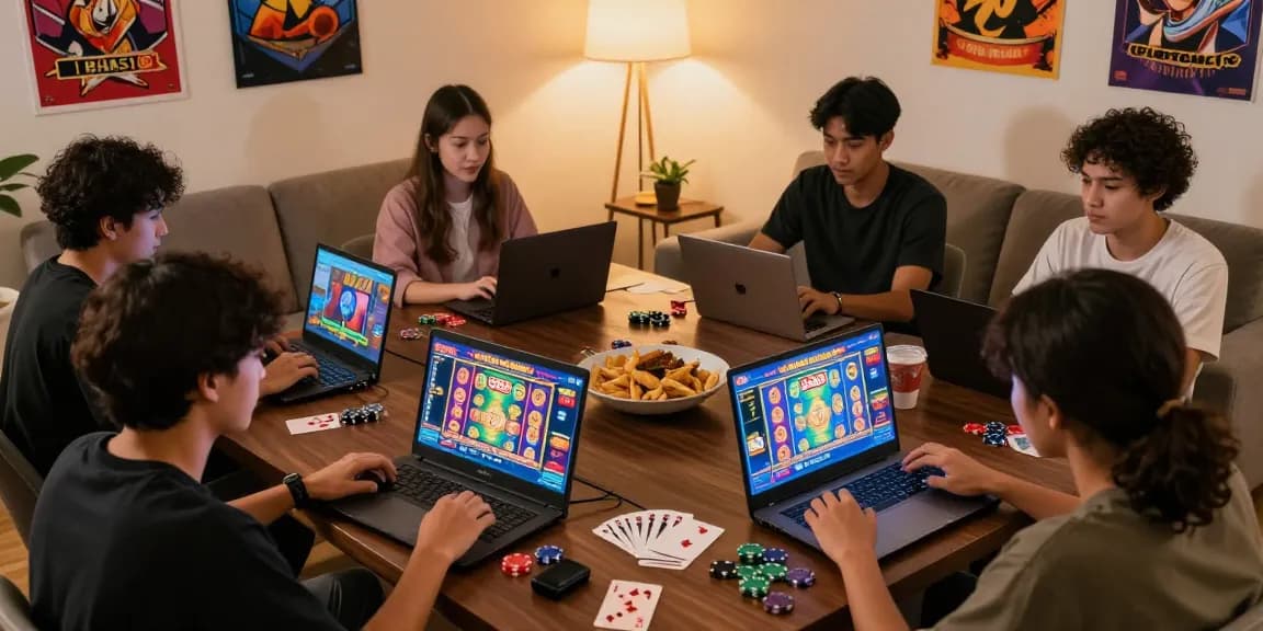 Players enjoying Slot Gacor QQHOLIC on mobile devices in a cozy living room.