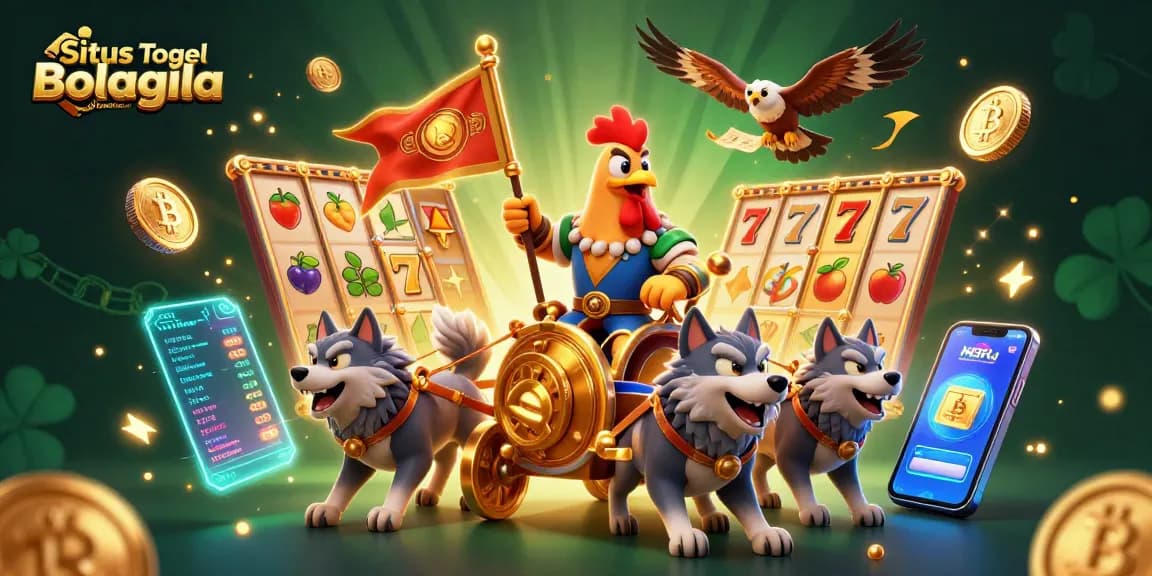 Situs Togel Resmi Bolagila menghadirkan ilustrasi 3D menarik dengan karakter ayam perang yang berperang di atas kereta emas.