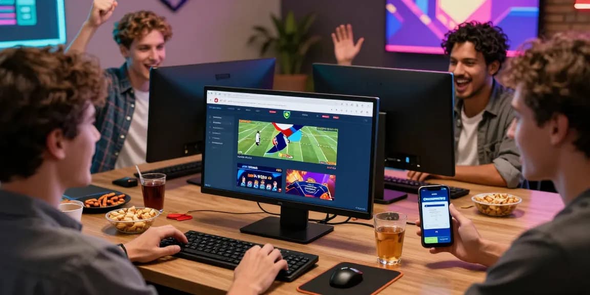Celebrating friends engaging with Grandbetting online betting platform in a lively home setting