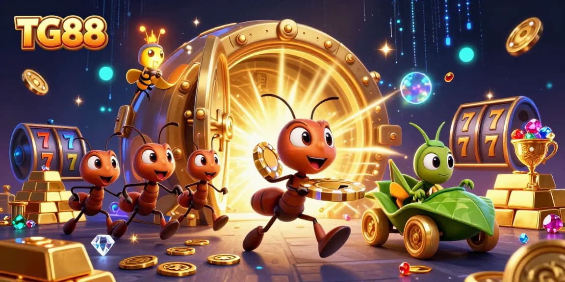 Engage with thrilling TG88 slots as ants plan a heist with golden chips in this vibrant scene.