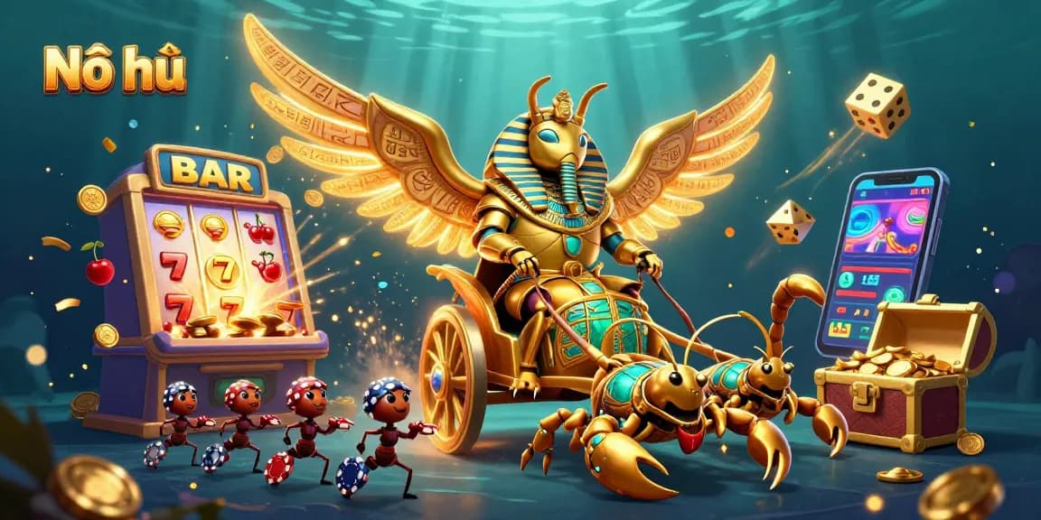 Nổ hũ jackpot scene featuring a golden scarab beetle on a chariot, surrounded by explosive casino elements.