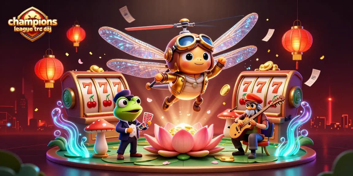 Watch champions league trực tiếp with vibrant 3D casino elements including a lively dragonfly pilot and a frog croupier.