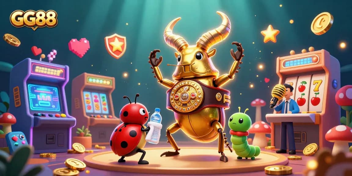 Experience GG88's thrilling environment with a golden beetle champion in a vibrant 3D casino scene.