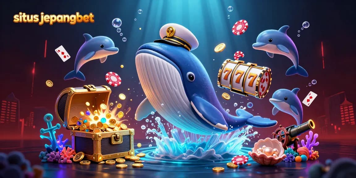 Engage with situs jepangbet, a thrilling mix of whales and dolphins amidst vibrant casino symbols and treasures.