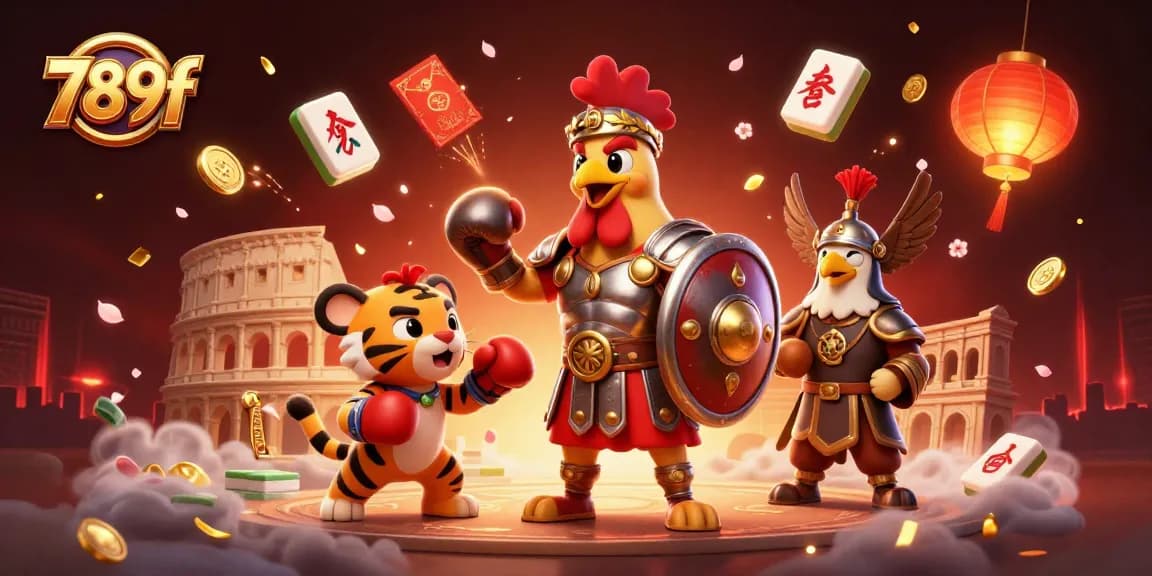 Engage in thrilling gameplay at 789f with a vibrant, dynamic illustration of a rooster gladiator and casino elements.