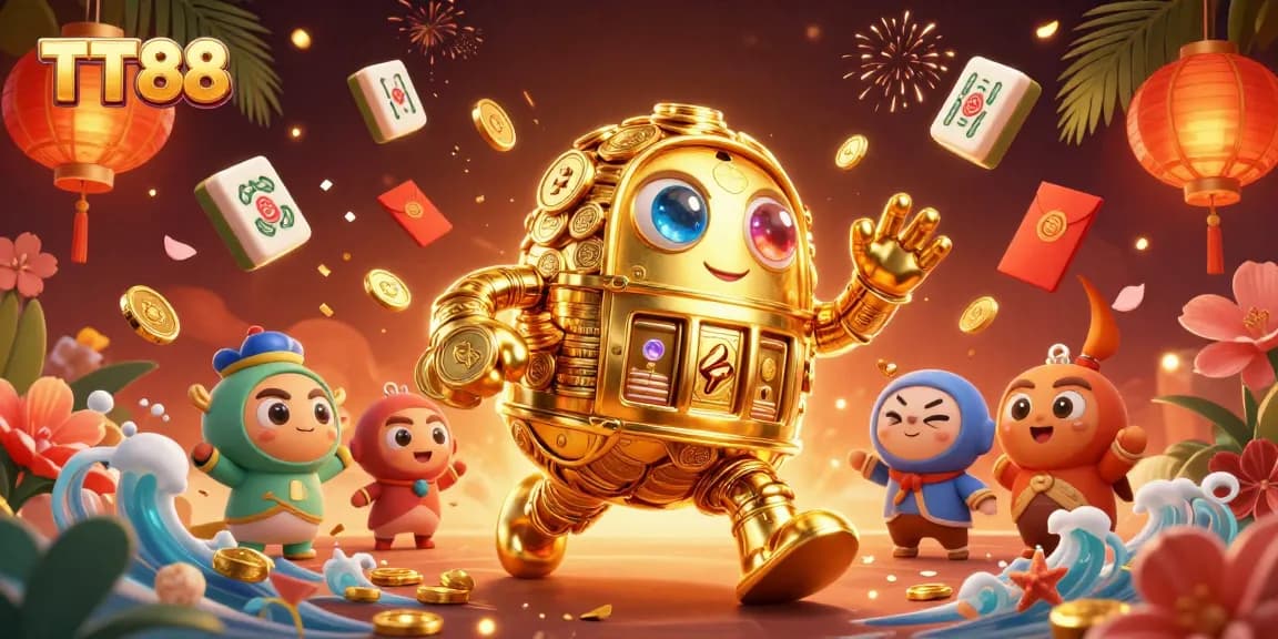 Engage with TT88 online gaming while exploring a vibrant 3D casino scene with golden coins and lucky symbols.