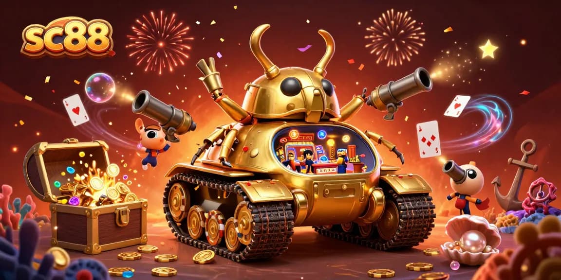 Experience the thrills of sc88 in a vibrant 3D casino world with gold and confetti!