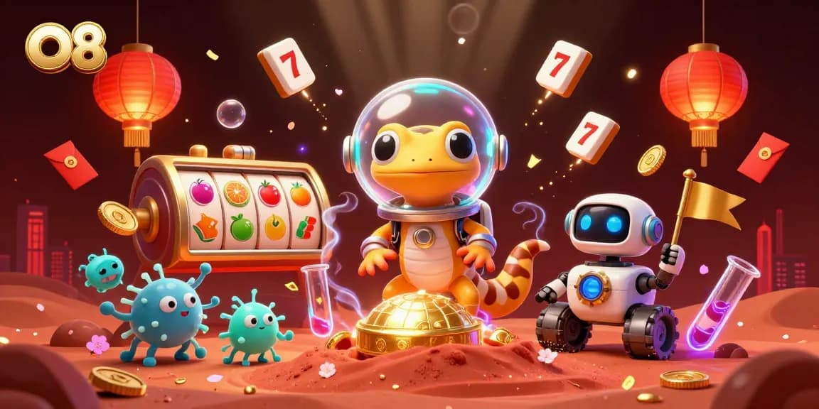 O8 shows a Martian gecko winning in a vibrant space casino with golden slot reels.