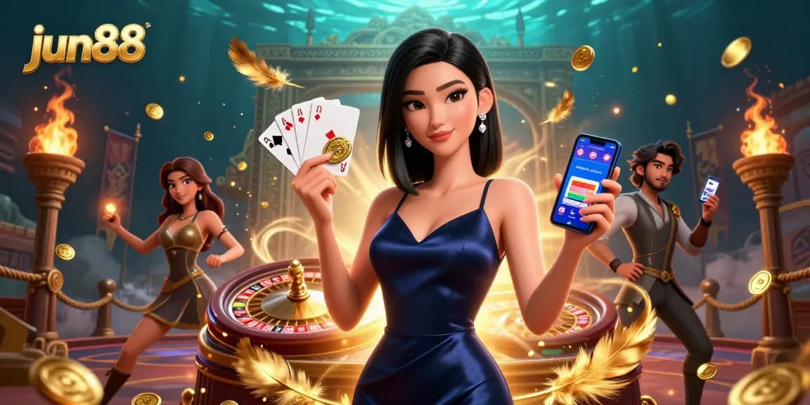 Experience gaming excitement with jun88, featuring a confident Asian woman in a casino scene highlighting rich game elements.