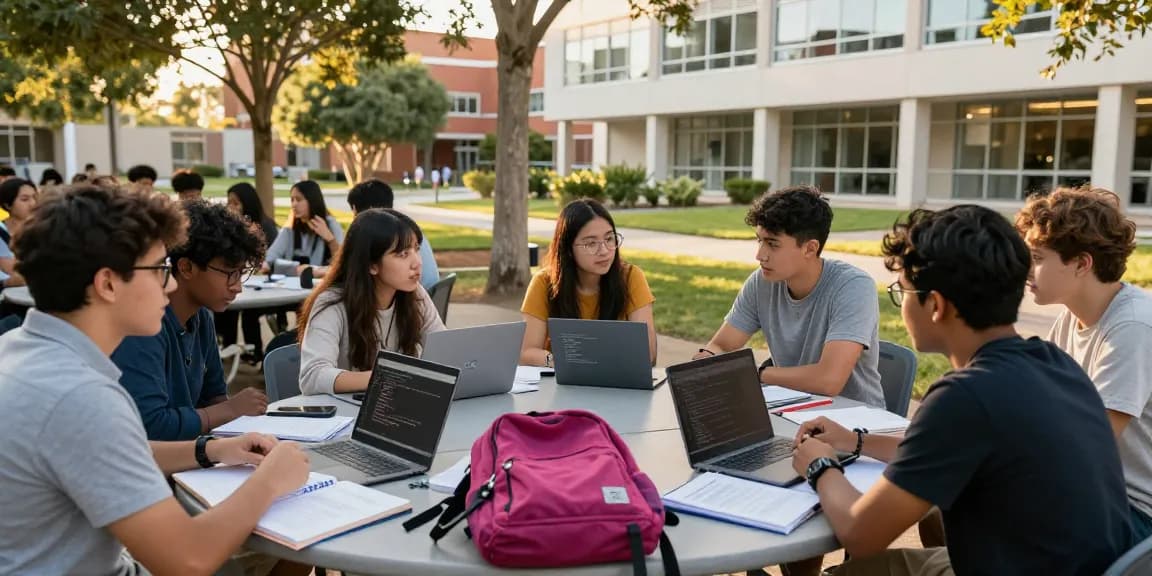Students discussing programming languages and software on laptops in a vibrant university slot.