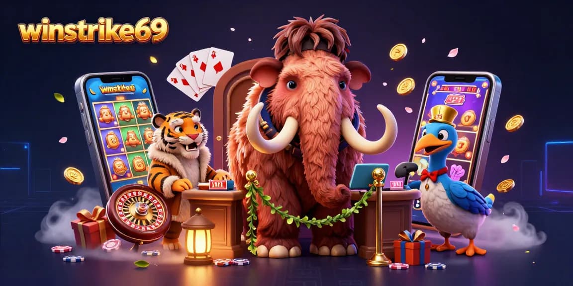 winstrike69 showcases a vibrant 3D casino scene with characters and dynamic gambling elements.