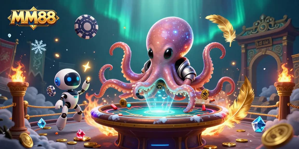 MM88 showcases an alien octopus in a dazzling poker setting filled with vibrant cosmic elements.