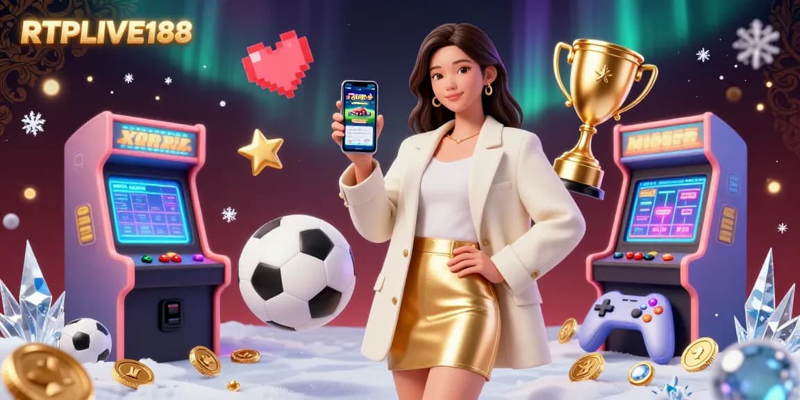 Rasakan sensasi kemenangan dengan RTPLIVE188, menampilkan seorang wanita yang menggunakan aplikasi taruhan olahraga di tengah elemen permainan yang penuh warna.