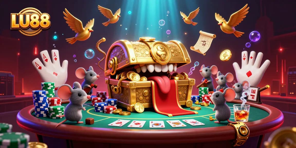 At LU88, adventurers encounter a golden treasure chest lure with poker elements and vibrant casino atmosphere.