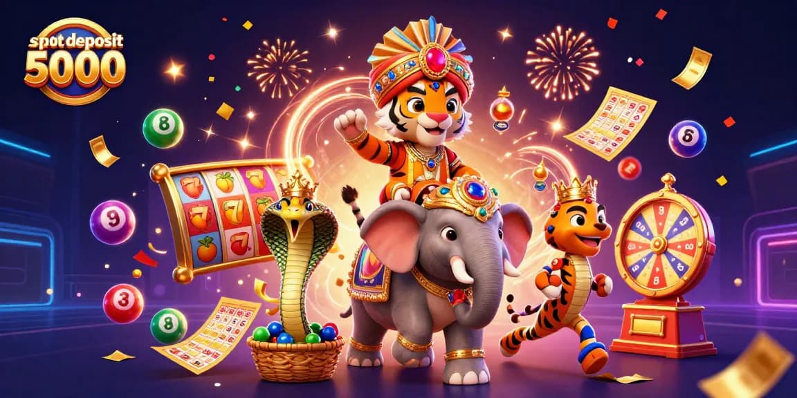 Experience the thrill of slot deposit 5000 with a vibrant 3D casino illustration featuring a royal maharaja and a jewel-filled elephant.