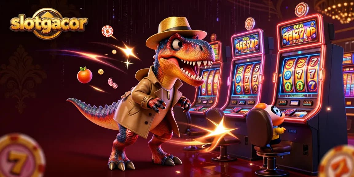 Engage in thrilling slot games with slotgacor, featuring a sneaky velociraptor and vibrant gaming elements.