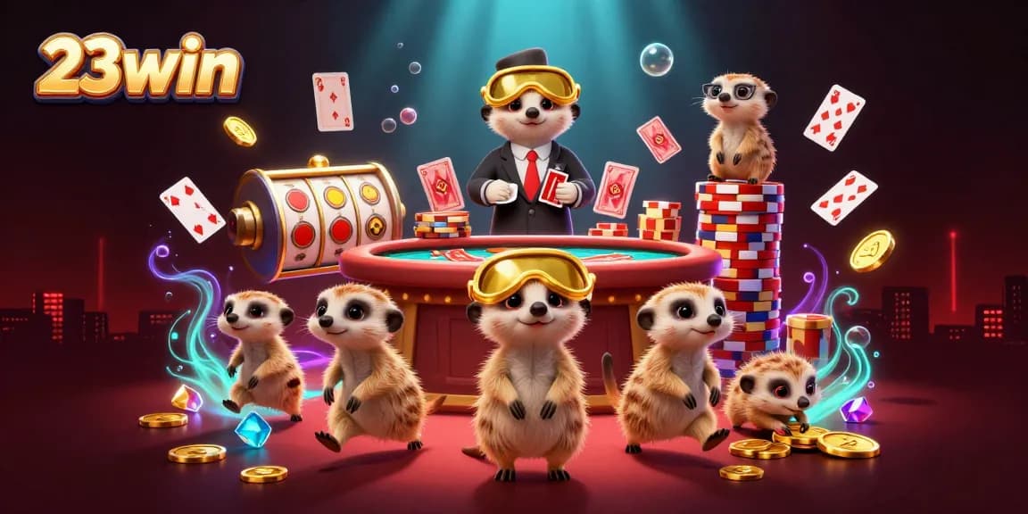 Experience the thrilling casino world of 23win with meerkats engaging in exciting gameplay.