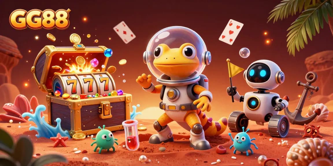 Engage with GG88's immersive casino experience featuring a Martian gecko and lively elements.