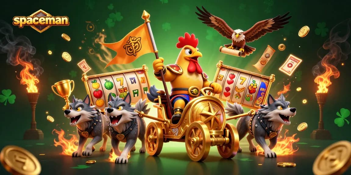 Spin to win big with spaceman, featuring dynamic slot reels, golden trophies, and vibrant characters.