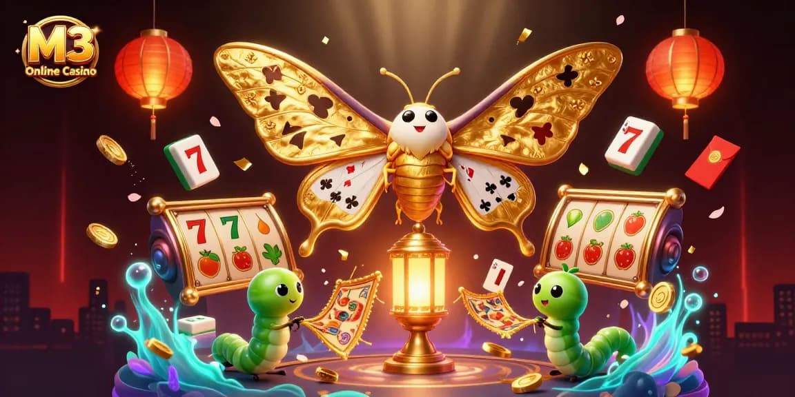 M3 Online Casino showcases a dynamic illustration featuring a golden-winged atlas moth amidst vibrant gambling elements, perfect for players.