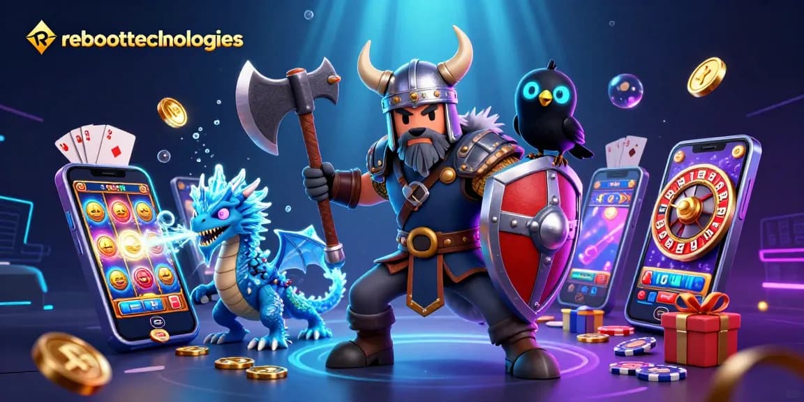 Reboottechnologies showcases an exciting slot gaming scene with a Viking warrior, fierce dragon, and glowing raven.