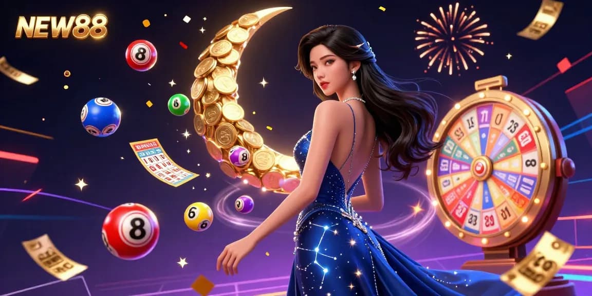 Engage in thrilling lottery excitement with NEW88's colorful game atmosphere filled with prizes and dynamic elements.
