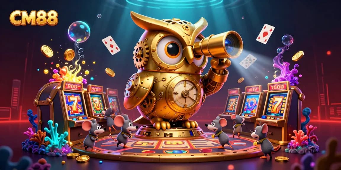 Spin the reels at CM88, featuring a vibrant casino with a golden owl, treasure chests, and lively slot machines.