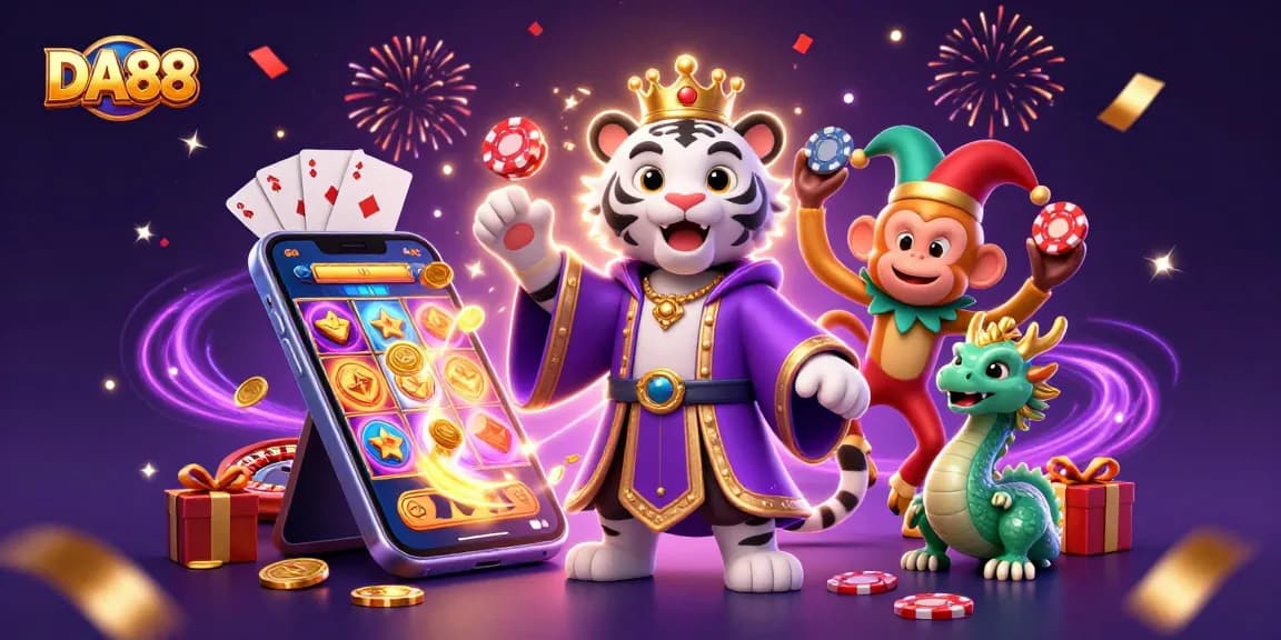 Win big with DA88 in a vibrant casino scene featuring a regal tiger, playful monkey, and a jade dragon amidst game elements.