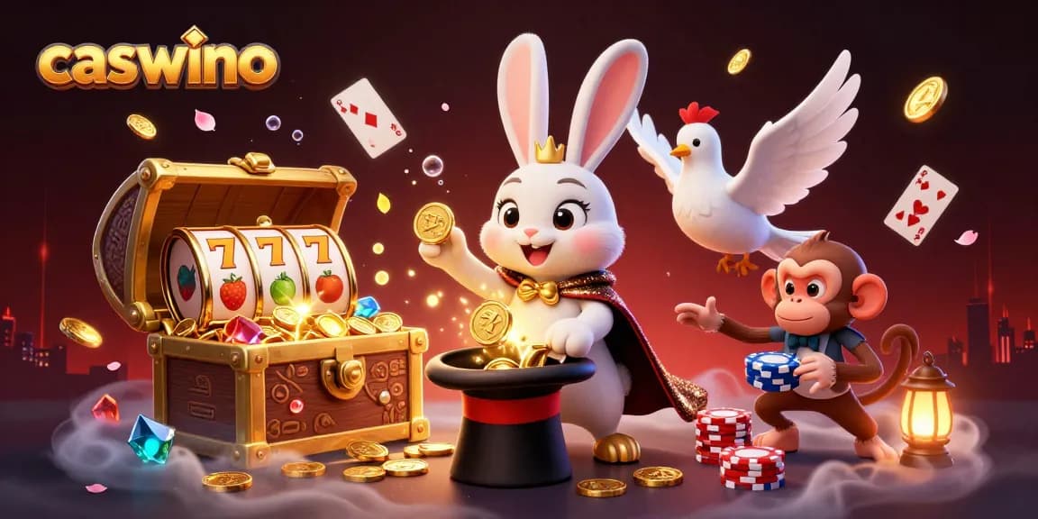 Caswino features a magician rabbit, dove, and monkey amidst magical casino elements, celebrating gaming excitement.