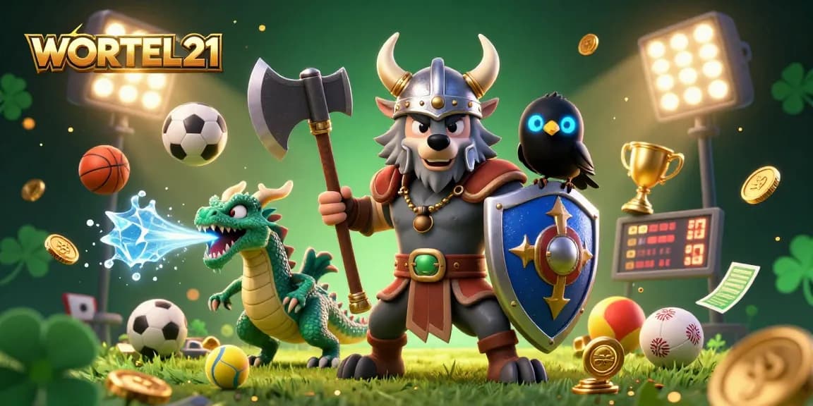 Join WORTEL21 in an action-packed scene with a Viking wolf warrior, draped in dynamic sports elements and a mystical background.