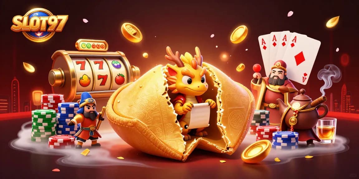 SLOT97 showcases a vibrant casino scene with a golden cookie, dragon, and slot elements, highlighting epic winning chances.