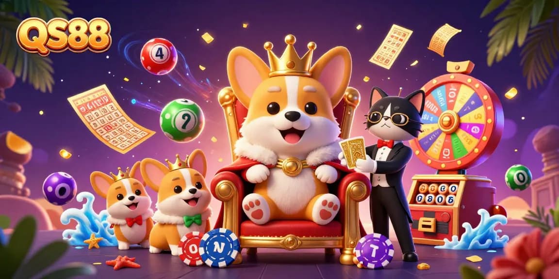 Experience the excitement of QS88 with vibrant game elements, featuring a royal corgi on a throne of poker chips.