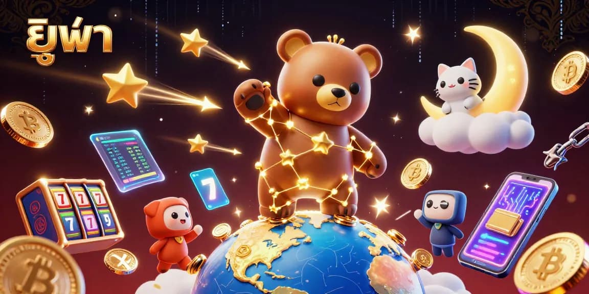 Experience the thrill of ยูฟ่า as the constellation bear reaches for coins in a vibrant casino scene.