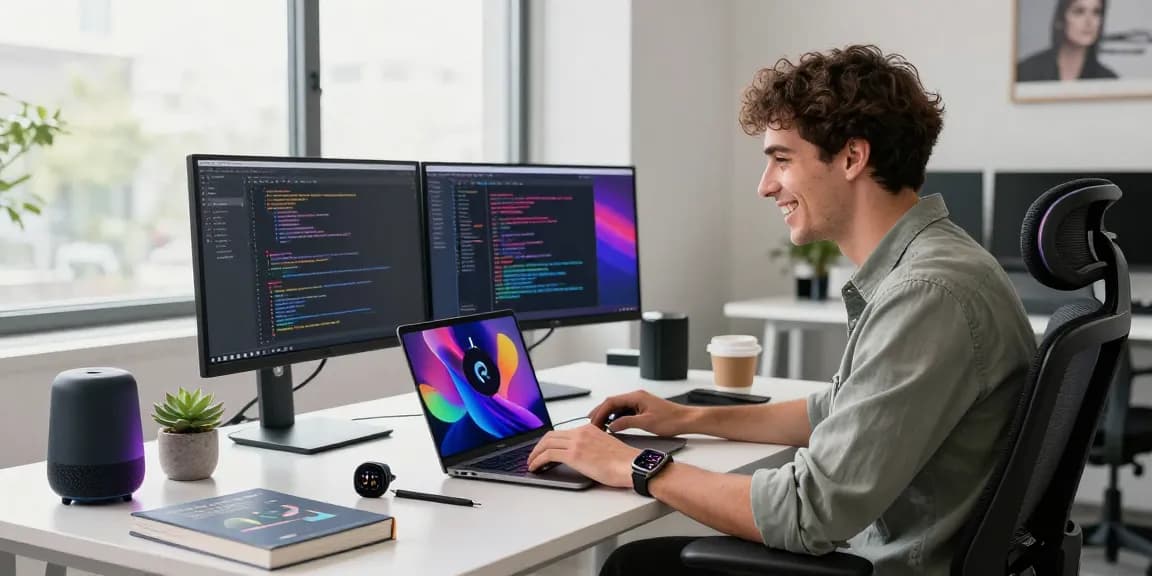 Professional using the M5 MacBook in a bright tech workspace, showcasing dynamic coding environment and modern gadgets.