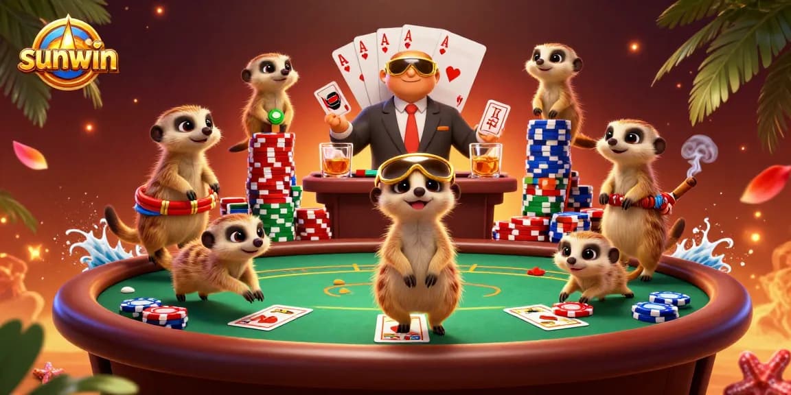 Experience sunwin's vibrant casino atmosphere with meerkats engaging in poker action.